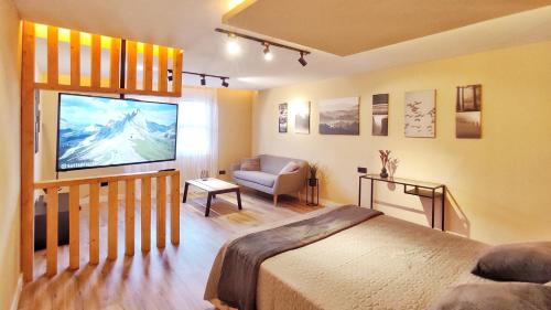 um quarto com uma cama, uma televisão e um sofá em Apartamento en el casco historico de Betanzos em Betanzos