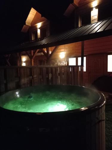 a large green bath tub in front of a house at Witówka in Grywałd