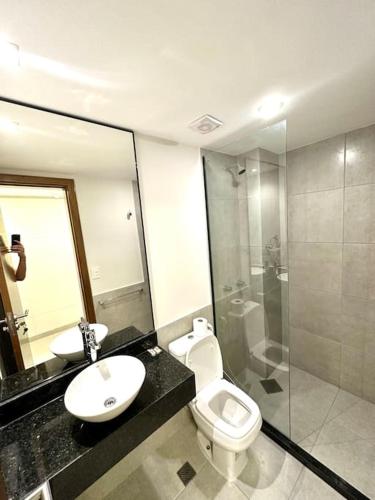 y baño con aseo, lavabo y ducha. en Hermoso Loft en Asuncion F2, en Asunción