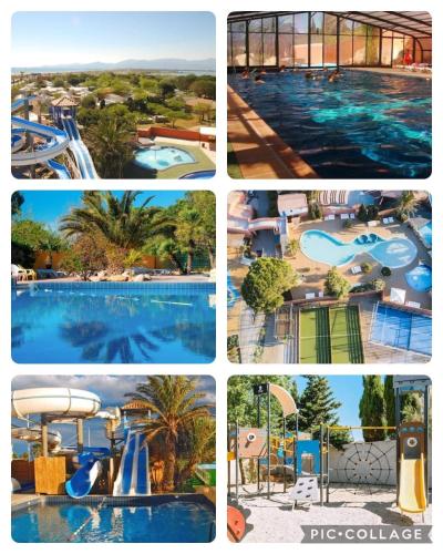 un collage de quatre photos d'un pool dans l'établissement Best holiday Mobilhome camping le Mar Estang, à Canet