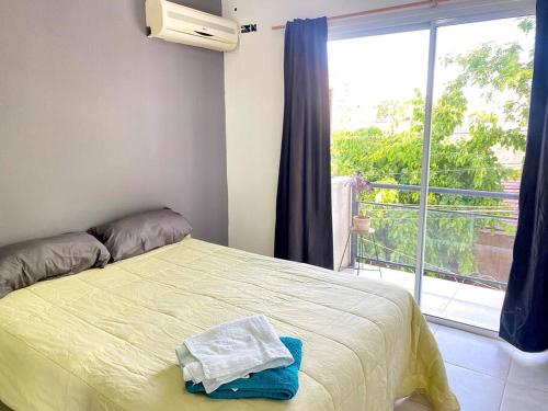 een slaapkamer met een bed en een groot raam bij O’Higgins D 5 in Godoy Cruz