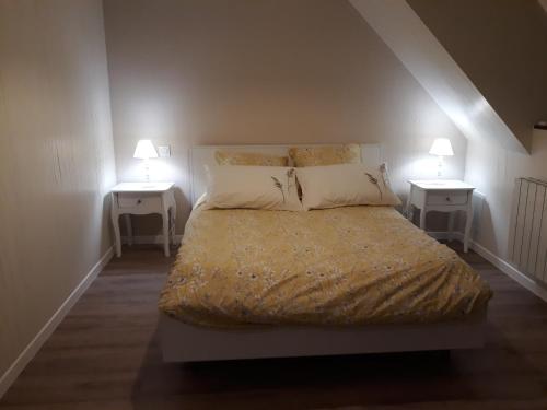 a bedroom with a bed with two nightstands and two lamps at Les Roseaux Comme à la maison prés des châteaux de la Loire in Feings