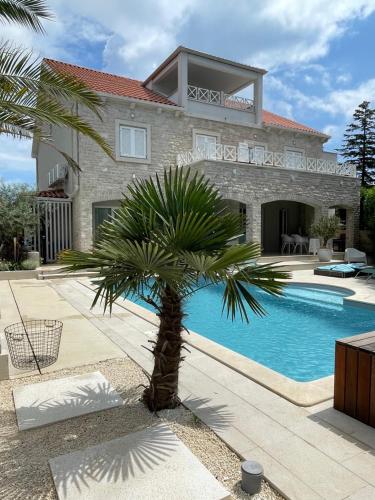 a palm tree in front of a house with a swimming pool at VILLA TIEGO in Medulin