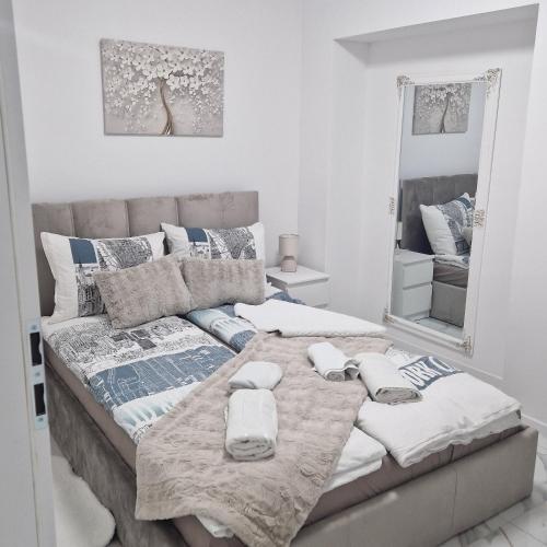 a bedroom with a bed and a mirror at APARTMAN MAYA 2 in Buzin