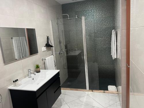 a bathroom with a shower and a sink and a glass shower stall at Residencial Santo Amaro in Tarrafal