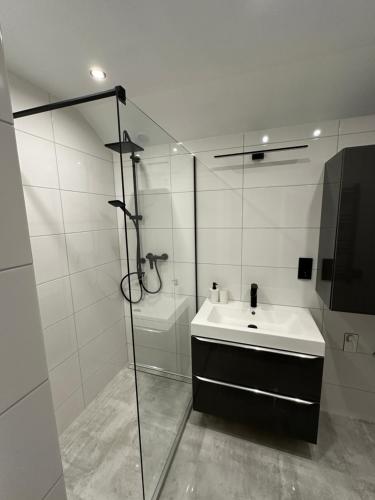 y baño blanco con lavabo y ducha. en Apartament Kościuszko, en Głogówek