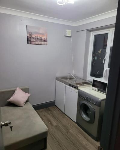 ein Wohnzimmer mit einer Waschmaschine und einem Fenster in der Unterkunft Sleek 2 bedroom flat-sleeps up to 5 guest in Hornchurch