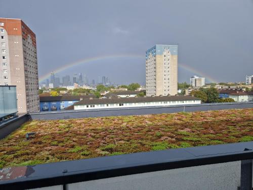 a green roof on a building with a city at Stunning City View Apartment in London