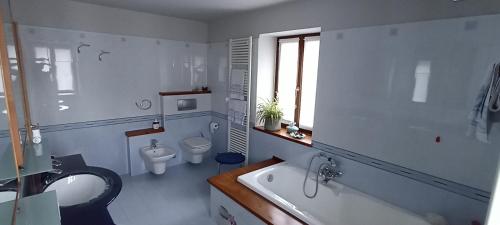 a bathroom with a tub and a toilet and a sink at Cjase di Doro in Illegio