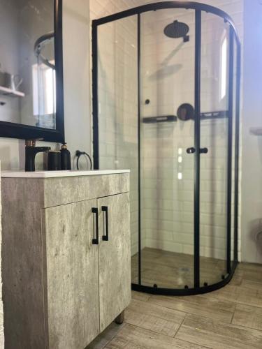 a glass shower in a bathroom with a sink at Kiewiets Creek Guesthouse in Pretoria