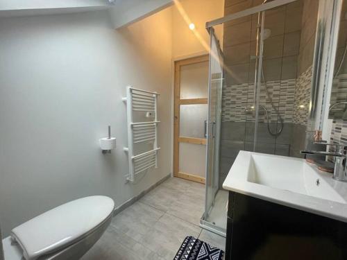 une salle de bain avec toilettes, lavabo et douche dans l'établissement Chaleureux et convivial, à Saint-Quentin