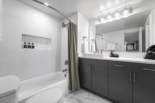 a bathroom with a sink and a toilet and a mirror at CozyRetreat in Arlington