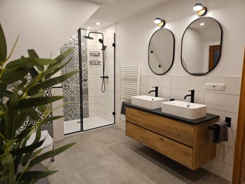 a bathroom with two sinks and a shower at Fewo am See, Ferienhaus, 7 Schlafzimmer, Waschmaschine, Businesswohnung in Salzgitter