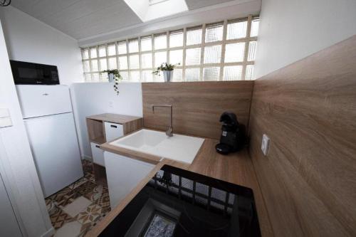 a small kitchen with a sink and a refrigerator at Gîte La Foresienne in Putanges-le-Lac