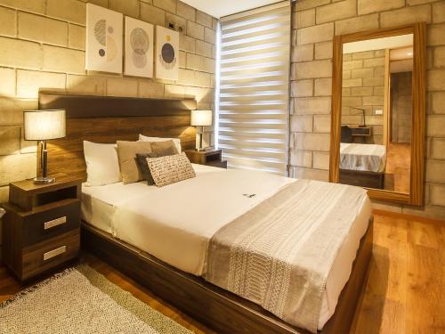 a bedroom with a large bed and a mirror at Tribu Centro Histórico in Guadalajara