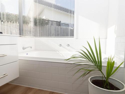 a bathroom with a tub and a plant in a pot at The Ocean Outlook Pure Luxury in New Plymouth