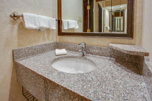 Drury Inn & Suites Terre Haute في تير هوت: منضدة الحمام مع الحوض والمرآة