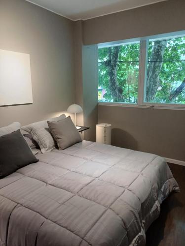 布宜諾斯艾利斯的住宿－Estudio VIP en Recoleta，一间卧室设有一张大床和两个窗户。
