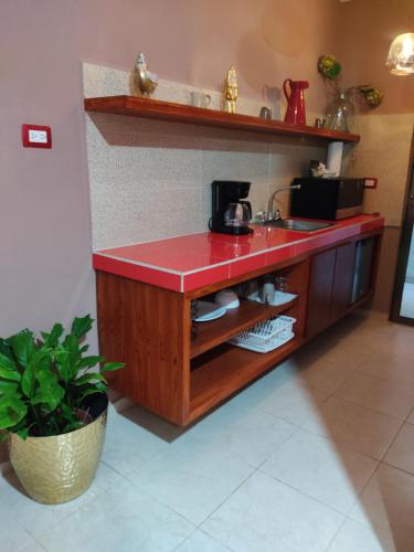 Casa Mercedes في فالادوليد: مطبخ مع منضدة حمراء ومغسلة