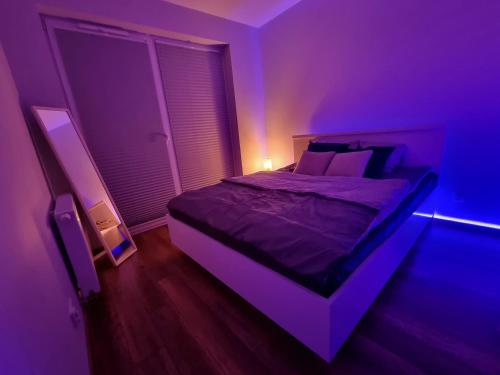 una camera con letto in una camera viola di Apartament przy Świebodzkim a Breslavia
