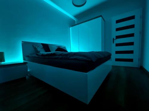 una camera con letto e luce blu di Apartament przy Świebodzkim a Breslavia
