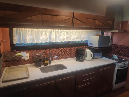 a kitchen counter with a sink and a microwave at Cabaña Los Pololos in Villa Serrana