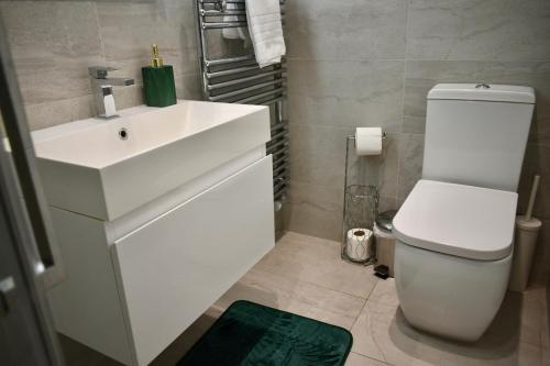 a bathroom with a white sink and a toilet at Business Stays in Reading with FREE Parking in Reading