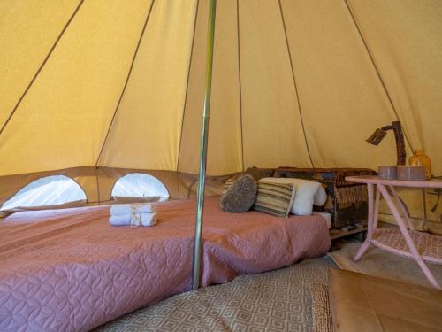 ein Bett in einem Zelt mit zwei Katzen darauf in der Unterkunft Glamping Kniphorst in Anloo