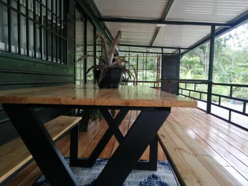 a wooden table with a potted plant on a porch at Casa Onca in Río Claro