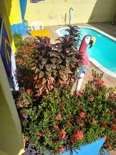 a garden with a fake bird and flowers next to a pool at POUSADA CÉU AZUL in Porto De Galinhas