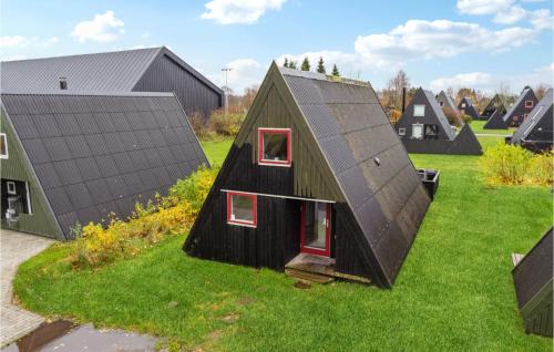 a small black house with two windows in a field of grass at Amazing Home In Farsø With Wifi in Farsø