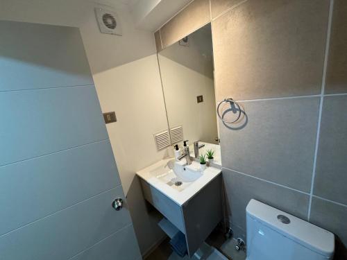 La salle de bains est pourvue d'un lavabo, d'un miroir et de toilettes. dans l'établissement Departamento downtown inn - Chillan Factura Empresas, à Chillán