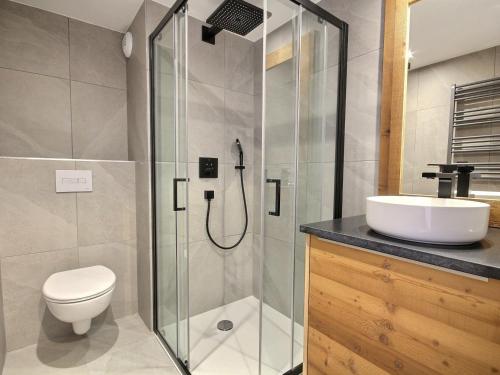 une salle de bain avec une douche, des toilettes et un lavabo dans l'établissement Magnifique appartement neuf pour 12 personnes avec Wi-Fi - FR-1-455-246, à La Plagne Tarentaise