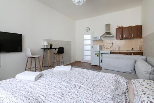 een woonkamer met een bed en een keuken bij Prague city centre in Praag