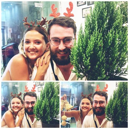 a collage of photos of a man and woman with a christmas tree at City Hostel Da Nang in Da Nang