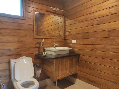 a bathroom with a toilet and a sink at Jironi Resort in Charduār