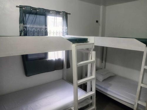 two bunk beds in a room with a window at Alegreya Homestay + Cafe in General Luna