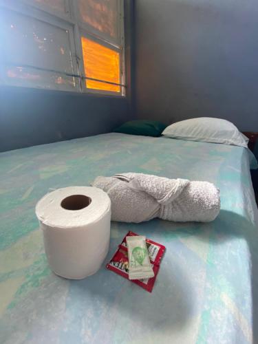 een bed met een rol toiletpapier en een handdoek bij Hotel Rio Puntarenas in Puntarenas