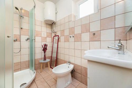 uma casa de banho com um WC, um lavatório e um chuveiro em Apartment Ivano em Vrbnik