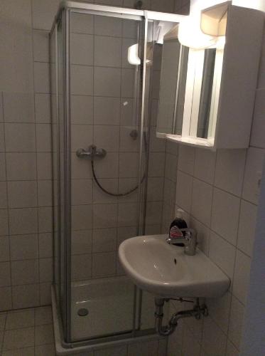 a bathroom with a shower and a sink at Blumenhotel in Bergneustadt