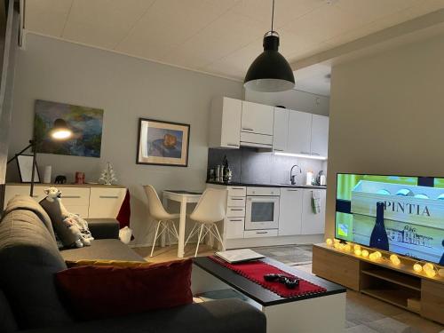a living room with a couch and a tv and a kitchen at Cozy studio in the city center in Rovaniemi
