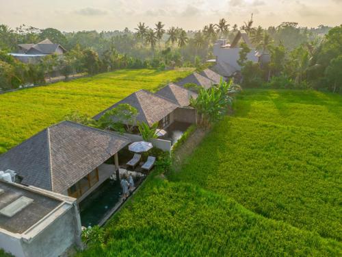 an aerial view of a house in a green field at Kaamala Resort Ubud by Ini Vie Hospitality in Ubud