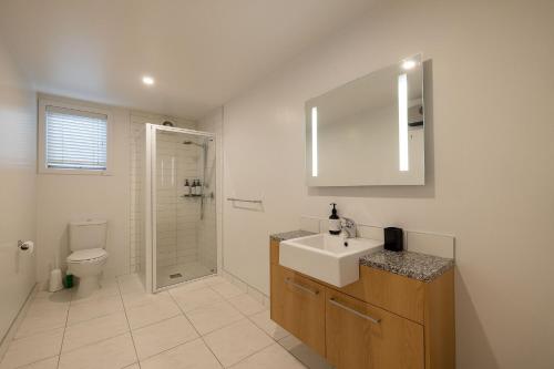 a bathroom with a sink and a shower and a toilet at Cosy Alpine Retreat in Wanaka