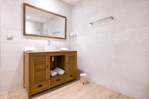 ein Bad mit einem Waschbecken und einem Spiegel in der Unterkunft Les Géraniums in La Plaine des Cafres