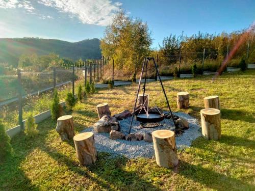 a fire pit in the middle of a field with logs at WIDOKOVO - Relax, cisza,widoki, sauna & jacuzzi wliczone w cenę in Laski