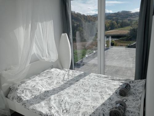 a bedroom with a bed and a large window at WIDOKOVO - Relax, cisza,widoki, sauna & jacuzzi wliczone w cenę in Laski