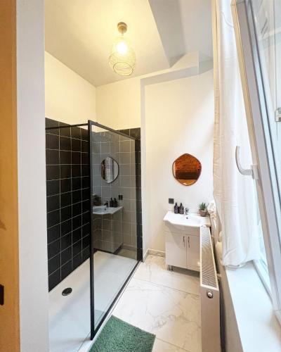 a bathroom with a shower and a sink at LouLou Home's in Antwerp