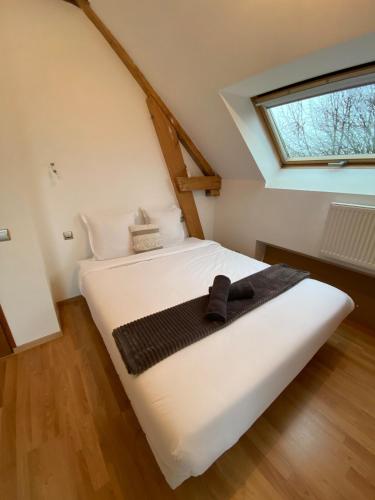 une chambre avec un grand lit blanc avec une fenêtre dans l'établissement L'Ecolière - Villa Piscine Chauffée - Rêve au Mans, à Teillé