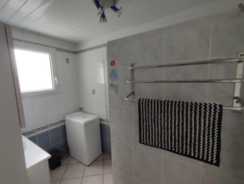 La salle de bains est pourvue d'une douche, de toilettes et d'une fenêtre. dans l'établissement Pascanono - Location de maison de vacances avec jardin pour séjour à Le Palais, Belle-Ile-en-mer, au Palais