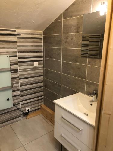 La salle de bains est pourvue d'un lavabo et d'une douche. dans l'établissement Chalet Flocon, à Les Deux Alpes